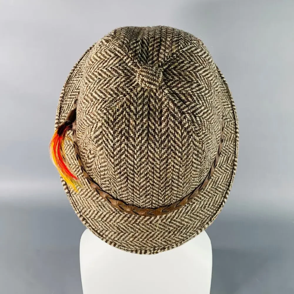 KNOX HATS Vintage Brown Beige Herringbone Braided Leather Trim Fabric Hat